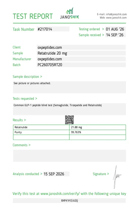 Informe de análisis Janoshik n.º 217014, Retatrutide 20 mg