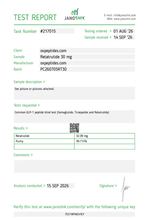 Informe de análisis Janoshik n.º 217015, Retatrutide 30 mg