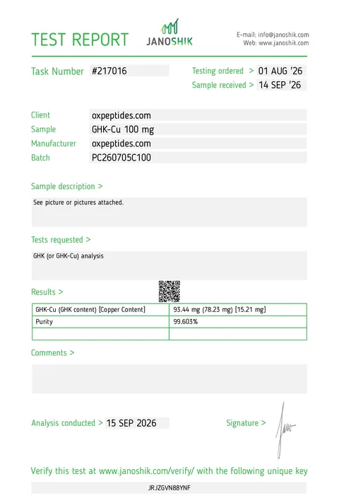 Informe de análisis Janoshik n.º 217016, GHK-Cu 100 mg