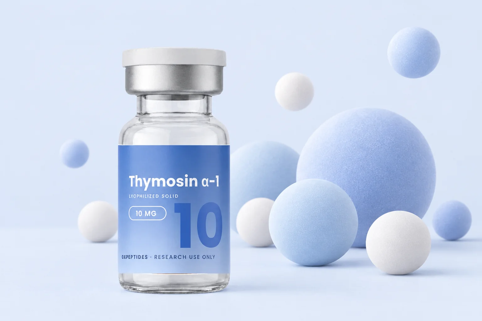 Vial liofilizado de timosina alfa-1 10 mg entre esferas azul pastel suave