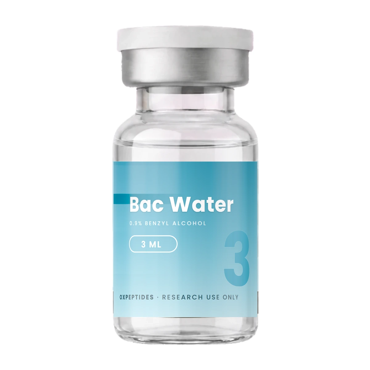 Agua bacteriostática · Vial de Agua bacteriostática — liofilizado, etiqueta OXpeptides