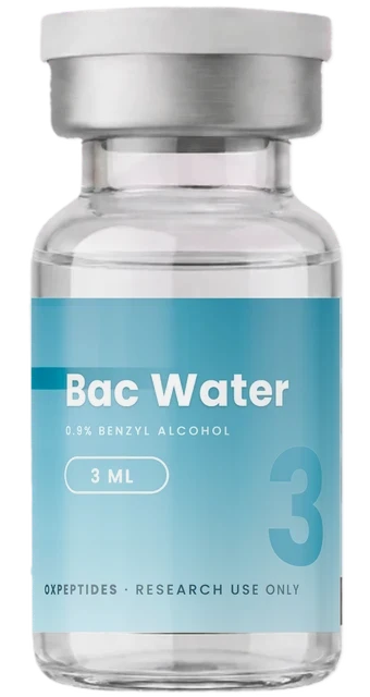 Agua bacteriostática 3 mL — vial liofilizado sellado, etiqueta Agua bacteriostática