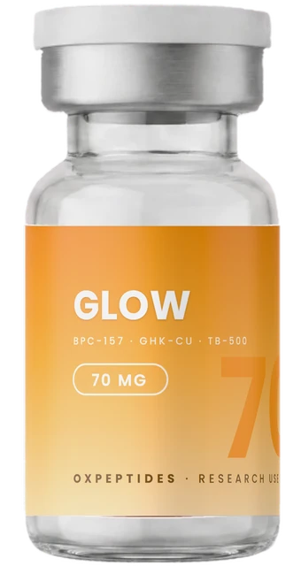 GLOW 70 mg — vial liofilizado sellado, etiqueta GLOW