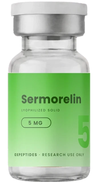 Sermorelin 5 mg — vial liofilizado sellado, etiqueta Sermorelin